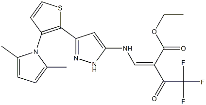 ethyl (Z)-3-({3-[3-(2,5-dimethyl-1H-pyrrol-1-yl)-2-thienyl]-1H-pyrazol-5-yl}amino)-2-(2,2,2-trifluoroacetyl)-2-propenoate 구조식 이미지