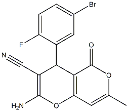 2-amino-4-(5-bromo-2-fluorophenyl)-7-methyl-5-oxo-4H,5H-pyrano[4,3-b]pyran-3-carbonitrile 구조식 이미지