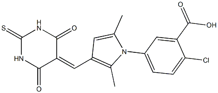 2-chloro-5-{3-[(4,6-dioxo-2-thioxotetrahydro-5(2H)-pyrimidinylidene)methyl]-2,5-dimethyl-1H-pyrrol-1-yl}benzoic acid Structure