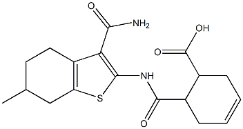 6-({[3-(aminocarbonyl)-6-methyl-4,5,6,7-tetrahydro-1-benzothien-2-yl]amino}carbonyl)-3-cyclohexene-1-carboxylic acid Structure