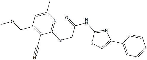 2-{[3-cyano-4-(methoxymethyl)-6-methyl-2-pyridinyl]thio}-N-(4-phenyl-1,3-thiazol-2-yl)acetamide 구조식 이미지