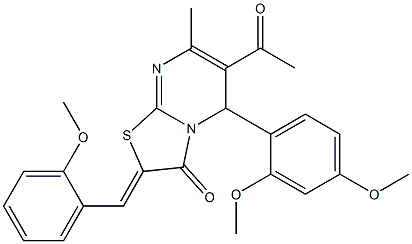 6-acetyl-5-(2,4-dimethoxyphenyl)-2-(2-methoxybenzylidene)-7-methyl-5H-[1,3]thiazolo[3,2-a]pyrimidin-3(2H)-one Structure