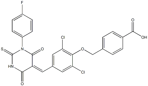 4-({2,6-dichloro-4-[(1-(4-fluorophenyl)-4,6-dioxo-2-thioxotetrahydro-5(2H)-pyrimidinylidene)methyl]phenoxy}methyl)benzoic acid 구조식 이미지