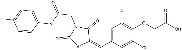 [2,6-dichloro-4-({2,4-dioxo-3-[2-oxo-2-(4-toluidino)ethyl]-1,3-thiazolidin-5-ylidene}methyl)phenoxy]acetic acid 구조식 이미지