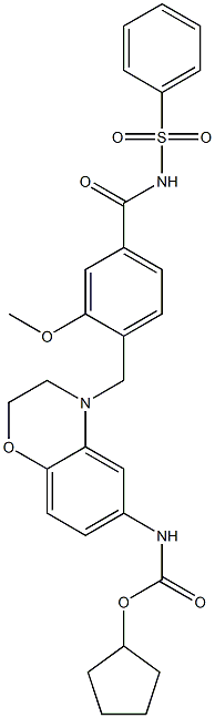 4-[6-(Cyclopentyloxycarbonylamino)-(2,3-dihydro-4H-1,4-benzoxazin)-4-ylmethyl]-3-methoxy-N-(phenylsulfonyl)benzamide 구조식 이미지