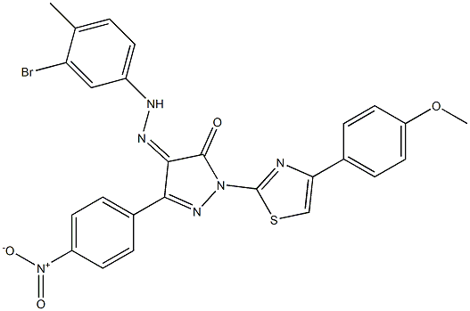 1-[4-(4-methoxyphenyl)-1,3-thiazol-2-yl]-3-(4-nitrophenyl)-1H-pyrazole-4,5-dione 4-[N-(3-bromo-4-methylphenyl)hydrazone] Structure