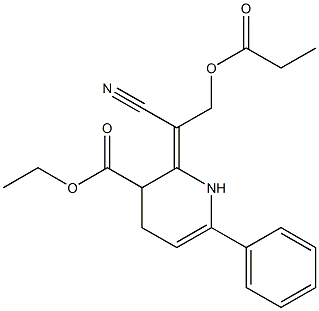 Propionic acid 2-[[5-ethoxycarbonyl-1,4,5,6-tetrahydro-2-phenylpyridin]-6-ylidene]-2-cyanoethyl ester 구조식 이미지