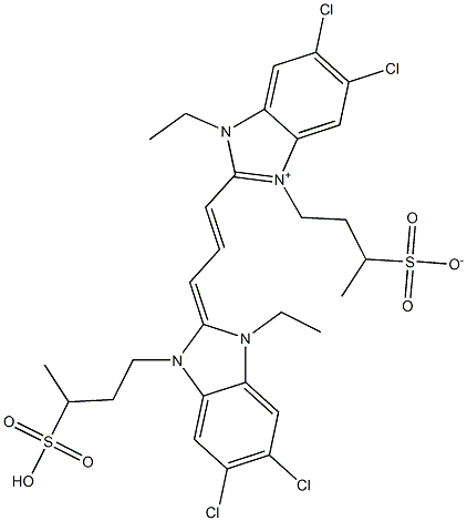 4-[[5,6-Dichloro-2-[3-[[5,6-dichloro-1-ethyl-2,3-dihydro-3-(3-sulfobutyl)-1H-benzimidazol]-2-ylidene]-1-propenyl]-1-ethyl-1H-benzimidazol-3-ium]-3-yl]-2-butanesulfonate Structure