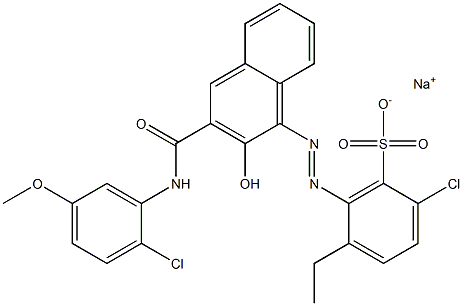 2-Chloro-5-ethyl-6-[[3-[[(2-chloro-5-methoxyphenyl)amino]carbonyl]-2-hydroxy-1-naphtyl]azo]benzenesulfonic acid sodium salt 구조식 이미지