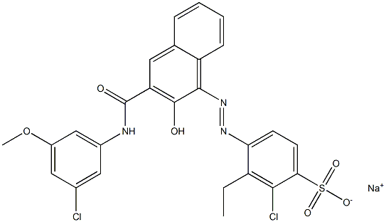 2-Chloro-3-ethyl-4-[[3-[[(3-chloro-5-methoxyphenyl)amino]carbonyl]-2-hydroxy-1-naphtyl]azo]benzenesulfonic acid sodium salt 구조식 이미지