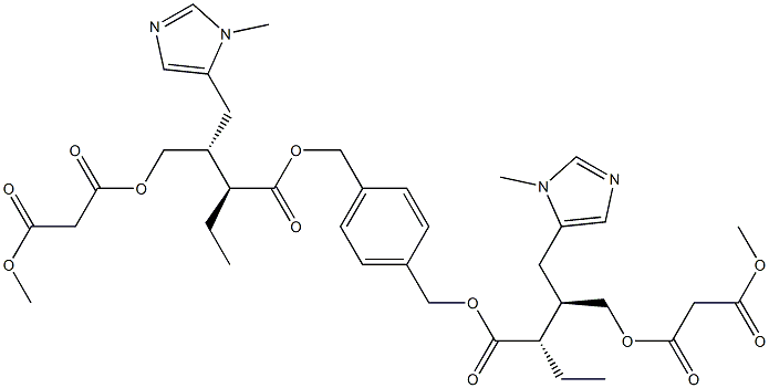 Benzene-1,4-dimethanol bis[(2S,3R)-4-(1-methyl-1H-imidazol-5-yl)-2-ethyl-3-[[(methoxycarbonyl)acetoxy]methyl]butyrate] 구조식 이미지
