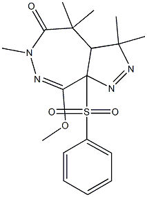 8-Methoxy-3,3,4,4,6-pentamethyl-8a-(phenylsulfonyl)-3,3a,4,8a-tetrahydropyrazolo[3,4-d][1,2]diazepin-5(6H)-one 구조식 이미지