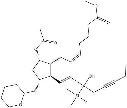 (5Z,8R,9S,11R,13E)-9-Acetyloxy-11-[(tetrahydro-2H-pyran)-2-yl]oxy-15-hydroxy-15-trimethylsilylprosta-5,13-dien-17-yn-1-oic acid methyl ester 구조식 이미지