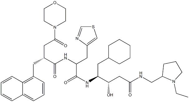(3S,4S)-3-Hydroxy-5-cyclohexyl-4-[3-(4-thiazolyl)-2-[[(2R)-2-[morpholinocarbonylmethyl]-3-(1-naphthalenyl)propionyl]amino]propionylamino]-N-[(1-ethyl-2-pyrrolidinyl)methyl]valeramide 구조식 이미지