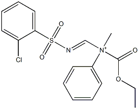 N-Ethoxycarbonyl-N-methyl-N-(2-chlorophenylsulfonyliminomethyl)benzenaminium 구조식 이미지