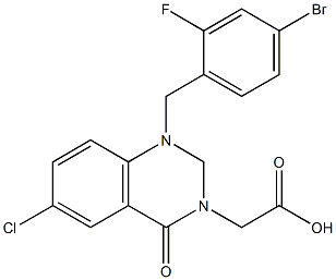 1-(4-Bromo-2-fluorobenzyl)-1,2,3,4-tetrahydro-6-chloro-4-oxoquinazoline-3-acetic acid 구조식 이미지