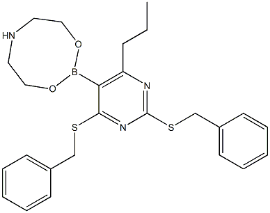 2-(2,4-Bis(benzylthio)-6-propyl-5-pyrimidinyl)tetrahydro-6H-1,3,6,2-dioxazaborocine Structure