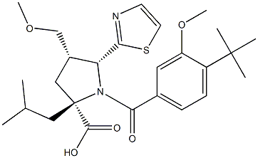 (2S,4S,5R)-1-(4-(tert-butyl)-3-methoxybenzoyl)-2-isobutyl-4-(methoxymethyl)-5-(thiazol-2-yl)pyrrolidine-2-carboxylic acid Structure