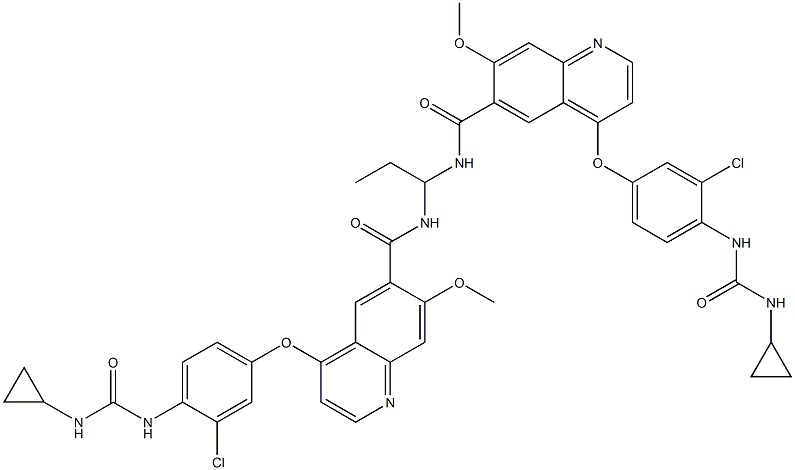 N,N'-(propane-1,1-diyl)bis(4-(3-chloro-4-(3-cyclopropylureido)phenoxy)-7-methoxyquinoline-6-carboxamide) 구조식 이미지