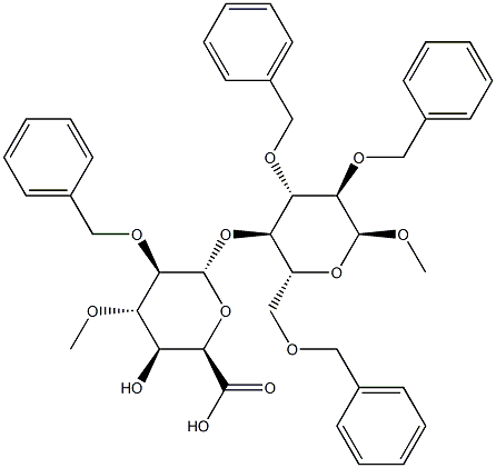 (2R,3S,4S,5R,6R)-5-(benzyloxy)-6-(((2R,3R,4S,5R,6S)-4,5-bis(benzyloxy)-2-((benzyloxy)methyl)-6-methoxytetrahydro-2H-pyran-3-yl)oxy)-3-hydroxy-4-methoxytetrahydro-2H-pyran-2-carboxylic acid 구조식 이미지