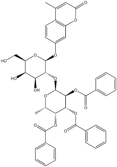 4-Methylumbelliferyl 2-O-(2,3,4-Tri-O-benzoyl-a-L-fucopyranosyl)-b-D-galactopyranoside 구조식 이미지