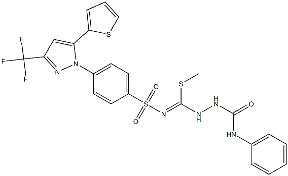 N1-phenyl-2-{(methylthio)[({4-[5-(2-thienyl)-3-(trifluoromethyl)-1H-pyrazol-1-yl]phenyl}sulfonyl)imino]methyl}hydrazine-1-carboxamide 구조식 이미지