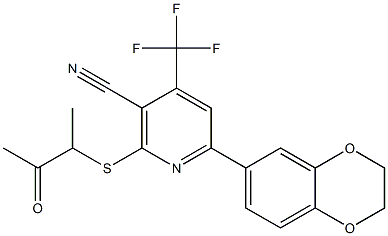 6-(2,3-dihydro-1,4-benzodioxin-6-yl)-2-[(1-methyl-2-oxopropyl)sulfanyl]-4-(trifluoromethyl)nicotinonitrile 구조식 이미지