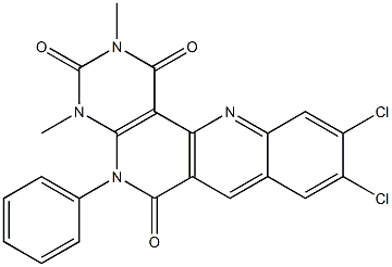 9,10-dichloro-2,4-dimethyl-5-phenyl-1,2,3,4,5,6-hexahydrobenzo[b]pyrimido[4,5-h][1,6]naphthyridine-1,3,6-trione 구조식 이미지