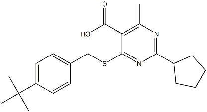 4-(4-tert-Butyl-benzylsulfanyl)-2-cyclopentyl-6-methyl-pyrimidine-5-carboxylic acid 구조식 이미지