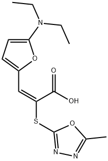 2-Propenoic  acid,  3-[5-(diethylamino)-2-furanyl]-2-[(5-methyl-1,3,4-oxadiazol-2-yl)thio]-,  (2E)- Structure