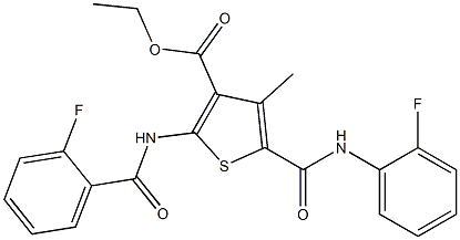 ethyl 5-[(2-fluoroanilino)carbonyl]-2-[(2-fluorobenzoyl)amino]-4-methyl-3-thiophenecarboxylate 구조식 이미지