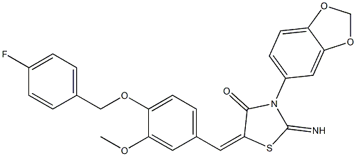 3-(1,3-benzodioxol-5-yl)-5-{4-[(4-fluorobenzyl)oxy]-3-methoxybenzylidene}-2-imino-1,3-thiazolidin-4-one 구조식 이미지