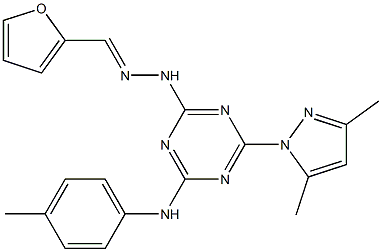 2-furaldehyde [4-(3,5-dimethyl-1H-pyrazol-1-yl)-6-(4-toluidino)-1,3,5-triazin-2-yl]hydrazone 구조식 이미지