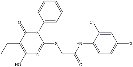 N-(2,4-dichlorophenyl)-2-[(5-ethyl-4-hydroxy-6-oxo-1-phenyl-1,6-dihydro-2-pyrimidinyl)sulfanyl]acetamide 구조식 이미지