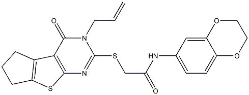 2-[(3-allyl-4-oxo-3,5,6,7-tetrahydro-4H-cyclopenta[4,5]thieno[2,3-d]pyrimidin-2-yl)sulfanyl]-N-(2,3-dihydro-1,4-benzodioxin-6-yl)acetamide 구조식 이미지