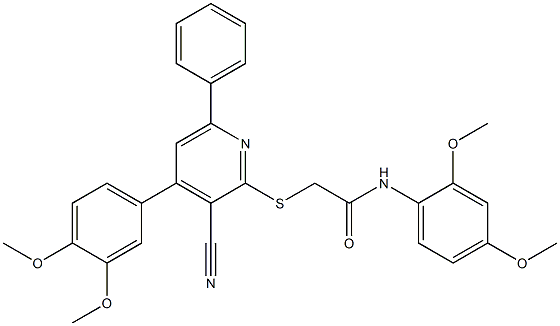 2-{[3-cyano-4-(3,4-dimethoxyphenyl)-6-phenyl-2-pyridinyl]sulfanyl}-N-(2,4-dimethoxyphenyl)acetamide Structure