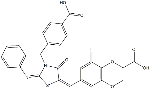 4-{[5-[4-(carboxymethoxy)-3-iodo-5-methoxybenzylidene]-4-oxo-2-(phenylimino)-1,3-thiazolidin-3-yl]methyl}benzoic acid Structure