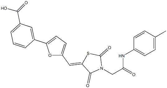 3-[5-({2,4-dioxo-3-[2-oxo-2-(4-toluidino)ethyl]-1,3-thiazolidin-5-ylidene}methyl)-2-furyl]benzoic acid 구조식 이미지