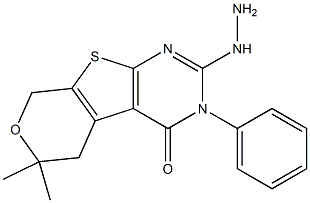 2-hydrazino-6,6-dimethyl-3-phenyl-3,5,6,8-tetrahydro-4H-pyrano[4',3':4,5]thieno[2,3-d]pyrimidin-4-one 구조식 이미지