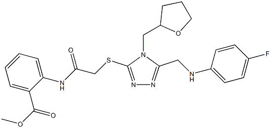 methyl 2-[({[5-[(4-fluoroanilino)methyl]-4-(tetrahydro-2-furanylmethyl)-4H-1,2,4-triazol-3-yl]sulfanyl}acetyl)amino]benzoate 구조식 이미지