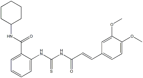 N-cyclohexyl-2-[({[(E)-3-(3,4-dimethoxyphenyl)-2-propenoyl]amino}carbothioyl)amino]benzamide 구조식 이미지