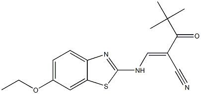 (E)-2-(2,2-dimethylpropanoyl)-3-[(6-ethoxy-1,3-benzothiazol-2-yl)amino]-2-propenenitrile Structure