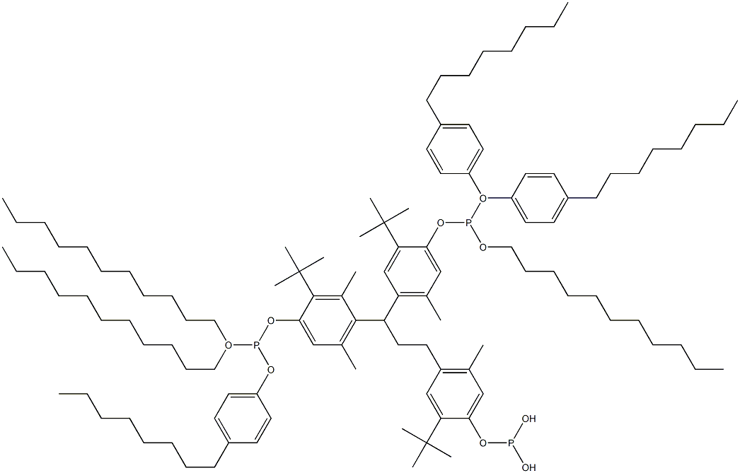 [3-Methyl-1,1,3-propanetriyltris(2-tert-butyl-5-methyl-4,1-phenyleneoxy)]tris(phosphonous acid)O,O',O'-triundecyl O,O'',O''-tris(4-octylphenyl) ester 구조식 이미지