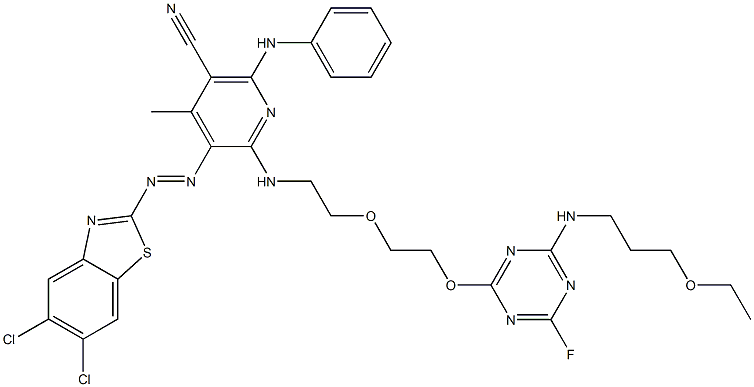 2-[6-Anilino-5-cyano-2-[2-[2-[4-(3-ethoxypropylamino)-6-fluoro-1,3,5-triazin-2-yloxy]ethoxy]ethylamino]-4-methyl-3-pyridylazo]-5,6-dichlorobenzothiazole 구조식 이미지