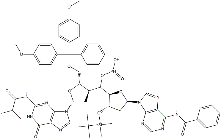 Phosphonic acid [5'-O-(4,4'-dimethoxytrityl)-N-isobutyryl-2'-deoxy-3'-guanosyl][3'-O-(tert-butyldimethylsilyl)-N-benzoyl-2'-deoxy-5'-adenosyl] ester 구조식 이미지
