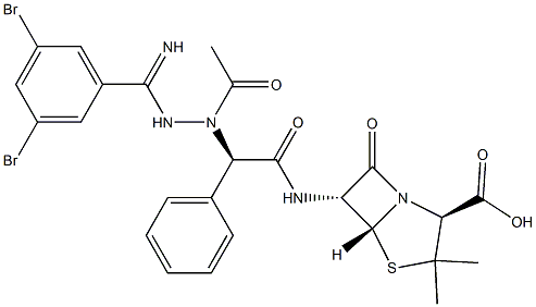 6-[(R)-2-Phenyl-2-[[(3,5-dibromobenzimidoyl)amino]acetylamino]acetylamino]penicillanic acid 구조식 이미지