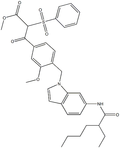 3-[4-[6-(2-Ethylhexanoylamino)-1H-indol-1-ylmethyl]-3-methoxyphenyl]-3-oxo-2-phenylsulfonylpropionic acid methyl ester 구조식 이미지