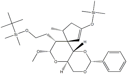 (2R,4aR,5'R,6S,7R,8R,8aS)-4,4a,6,7,8,8a-Hexahydro-5'-methyl-6-methoxy-2-phenyl-7-[2-[tert-butyldimethylsilyloxy]ethyl]-3'-(trimethylsilyloxy)spiro[pyrano[3,2-d]-1,3-dioxin-8,1'-cyclopentan]-2'-ene 구조식 이미지