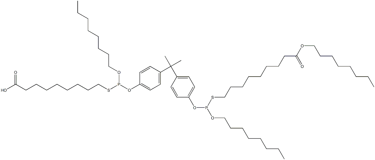 9,9'-[[Isopropylidenebis(4,1-phenyleneoxy)]bis[(octyloxy)phosphinediylthio]]bis(nonanoic acid octyl) ester 구조식 이미지