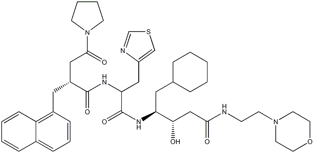 (3S,4S)-3-Hydroxy-5-cyclohexyl-4-[3-(4-thiazolyl)-2-[[(2R)-2-[1-pyrrolidinylcarbonylmethyl]-3-(1-naphthalenyl)propionyl]amino]propionylamino]-N-(2-morpholinoethyl)valeramide 구조식 이미지